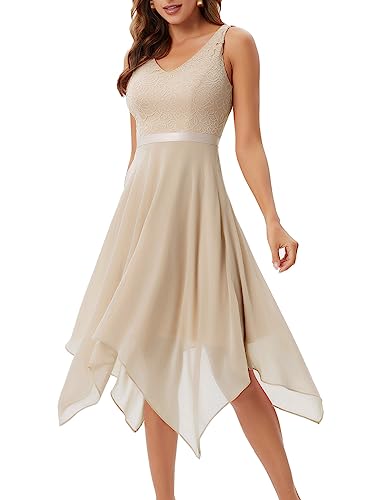 Meetjen Damen V-Ausschnitt Brautjungfernkleider Ärmellos Knielang Abendkleid Elegant für Hochzeit Champagner 2XL von Meetjen