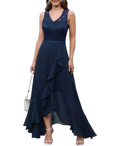 Meetjen Abendkleid Lang Elegant für Hochzeit Chiffon Spitzenkleid V-Ausschnitt Ballkleider A-Linie Brautjunferkleid Marineblau M von Meetjen