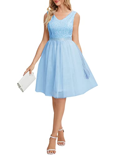 Meetjen Damen Elegant Abendkleider Kurz Hochzeit V-Ausschnitt Cocktailkleid Abschlusskleid Tüll Paillettenkleid Blau M von Meetjen