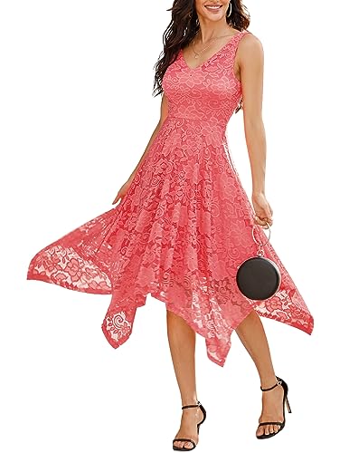 Meetjen Damen Festliche V-Ausschnitt Cocktailkleid Elegante Abendkleid A-Linie Kleid mit Spitze Hochzeit Gast Brautjungfernkleid Coral XL von Meetjen