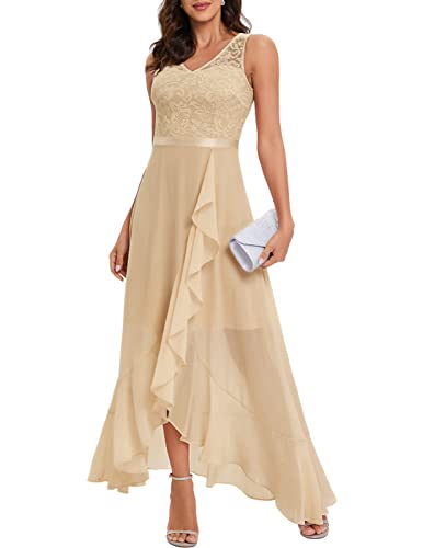 Kleid Lang Damen Festlich Abendkleid Elegant für Hochzeit Kleider für Spitzenkleid Brautjunferkleid A Linie Cocktailkleider Champagner XL von Meetjen