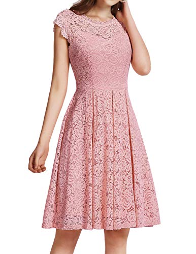 Meetjen Damen Festliche Cocktailkleid Elegante Abendkleid Hochzeitskleid Knielang Brautjungfern Midi Spitzenkleider Rosa Blush M von Meetjen