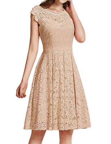 Meetjen Damen Festliche Cocktailkleid Elegante Abendkleid Hochzeitskleid Knielang Brautjungfern Midi Spitzenkleider Champagne 2XL von Meetjen