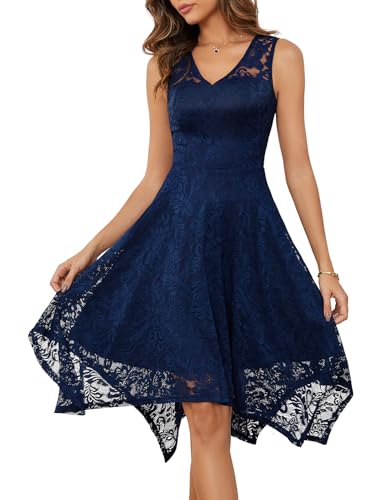 Meetjen Damen Elegante Hochzeit Gast Kleid Knielang Festliche Cocktailkleid Brautjungfern Midi Kleid A-Linie Abendkleid Navy XS von Meetjen