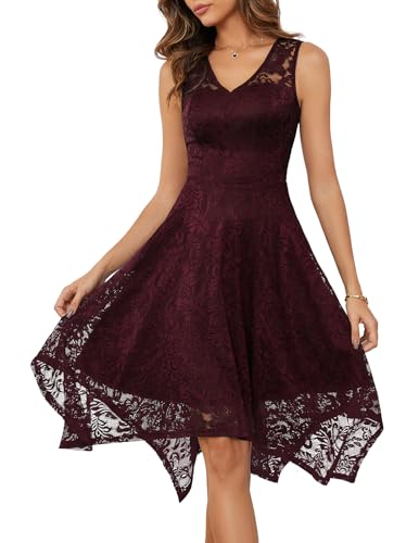 Meetjen Damen Elegante Hochzeit Gast Kleid Knielang Festliche Cocktailkleid Brautjungfern Midi Kleid A-Linie Abendkleid Burgundy 2XL von Meetjen
