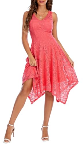 Meetjen Damen Elegante Hochzeit Gast Kleid Knielang Festliche Cocktailkleid Brautjungfern Midi Kleid A-Linie Abendkleid Coral XL von Meetjen