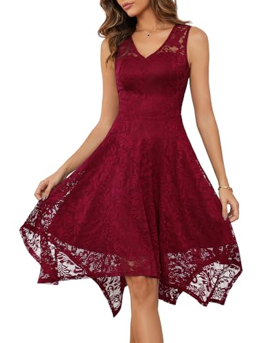 Meetjen Damen Elegante Hochzeit Gast Kleid Knielang Festliche Cocktailkleid Brautjungfern Midi Kleid A-Linie Abendkleid Dark Red M von Meetjen