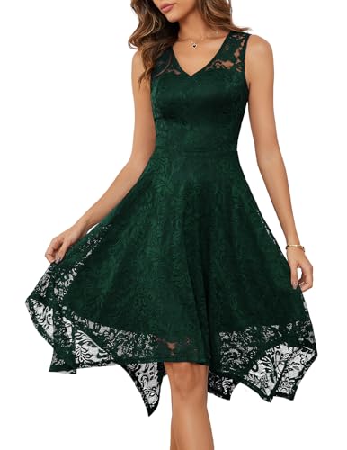 Meetjen Damen Elegante Hochzeit Gast Kleid Knielang Festliche Cocktailkleid Brautjungfern Midi Kleid A-Linie Abendkleid DarkGreen S von Meetjen