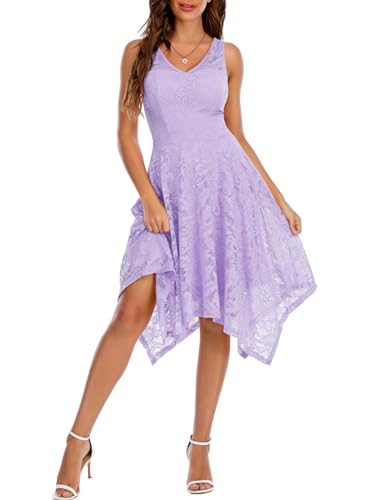 Meetjen Damen Elegante Hochzeit Gast Kleid Knielang Festliche Cocktailkleid Brautjungfern Midi Kleid A-Linie Abendkleid Lavender 2XL von Meetjen