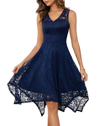 Meetjen Damen Elegante Hochzeit Gast Kleid Knielang Festliche Cocktailkleid Brautjungfern Midi Kleid A-Linie Abendkleid Navy S von Meetjen