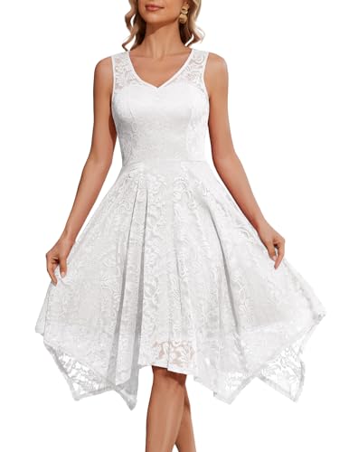 Meetjen Damen Elegante Hochzeit Gast Kleid Knielang Festliche Cocktailkleid Brautjungfern Midi Kleid A-Linie Abendkleid White 2XL von Meetjen