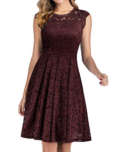 Meetjen Damen Festliche Cocktailkleid Elegante Abendkleid Hochzeitskleid Knielang Brautjungfern Midi Spitzenkleider Weinrot Burgundy XL von Meetjen