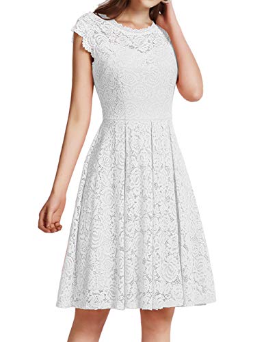 Meetjen Damen Festliche Cocktailkleid Elegante Abendkleid Hochzeitskleid Knielang Brautjungfern Midi Spitzenkleider Weiß White M von Meetjen