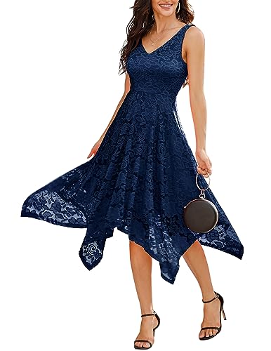 Meetjen Damen Festliche Cocktailkleid Elegante Abendkleid Spitzenkleid Hochzeit Brautjungfernkleid Partykleid Navy L von Meetjen