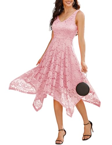 Meetjen Damen Festliche V-Ausschnitt Cocktailkleid Elegante Abendkleid A-Linie Kleid mit Spitze Hochzeit Gast Brautjungfernkleid Pink S von Meetjen