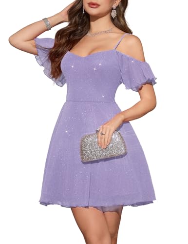 Meetjen Cocktailkleid Damen Abendkleid Kurz Tüll Elegant Partykleid mit Pailletten Knielang Spaghettiträgern für Abschlussball Lavendel L von Meetjen