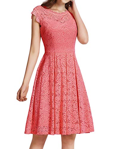 Meetjen Damen Sommer Kleid Festliche Cocktailkleid Knielang Elegante Abendkleid Hochzeitskleid Midi Brautjungfernkleider Coral 2XL von Meetjen