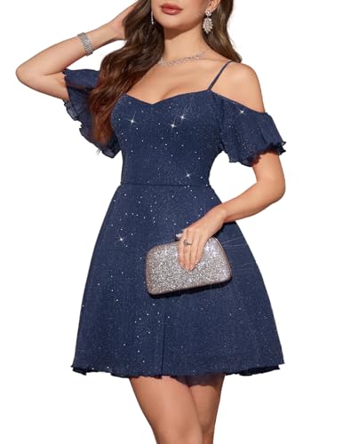 Meetjen Damen Sommerkleid Elegantes Kurzes Abendkleid A-Linie Spaghettiträgern für Hochzeitsfeiern Abschlussbälle V-Ausschnitt Cocktailkleider Marine L von Meetjen