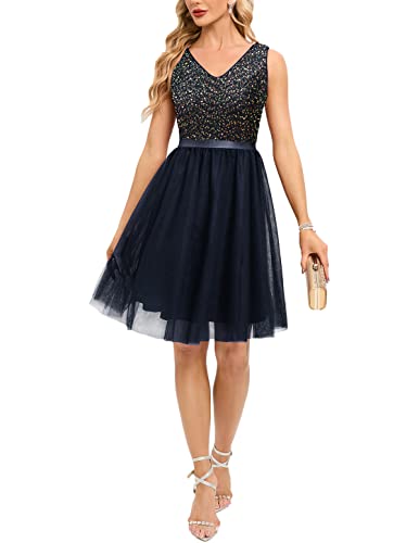 Meetjen Cocktailkleid Damen Festlich Kurz Taylor Swift Outfit Tüll Abendkleider A-Linie Brautjungfernkleid Elegant für Hochzeit Party Marineblau XL von Meetjen