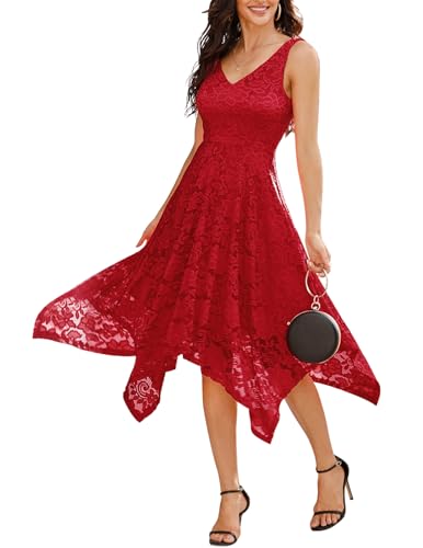 Meetjen Damen Spitzenkleid Knielang A Linie Cocktailkleid Partykleid Swing Abendkleid Jugendweihe Kleid Rot M von Meetjen