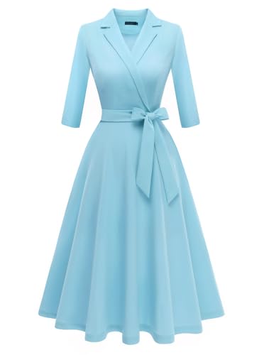 Meetjen Damen V-Ausschnitt Formelle Kleider 3/4 Ärmel Bescheidenes Kirchenkleid Fit und Flare Cocktailkleid für Hochzeitsgäste, blau, M von Meetjen