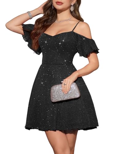 Meetjen Damen V-Ausschnitt Sommer Cocktailkleider Tüll Elegantes Kleid Schulterfrei Glitzer für Festliche Anlässe Kurz Partykleid Schwarz 2XL von Meetjen