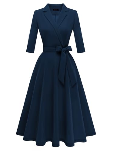 Meetjen Damen Wrap Flared Midi Kleid A-Linie Hochzeitsgast Cocktail Teekleider 3/4 Ärmel Formales Kleid Marine X von Meetjen