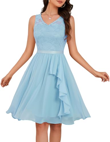 Meetjen Spitzenkleid Damen Elegant Knielang Festliche Kleider für Hochzeit Cocktailkleider A Linie Brautjunferkleid Blau 2XL von Meetjen