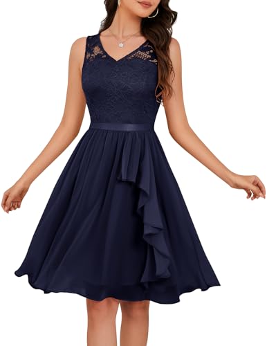 Meetjen Spitzenkleid Damen Elegant Knielang Festliche Kleider für Hochzeit Cocktailkleider A Linie Brautjunferkleid Marinablua L von Meetjen