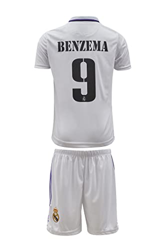 Mefstone Madrid Heim Karim Benzema Kinder Trikot #9, 2022/2023 Saison, Kommt mit Shorts, Fußballfans (4-5 Jahre,128) von Mefstone