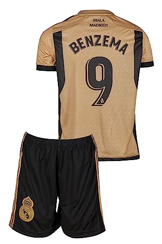 Mefstone Madrid Karim Benzema Kinder Trikot #9 Gold, Kommt mit Shorts Fußballfans (12-13 Jahre,176) von Mefstone