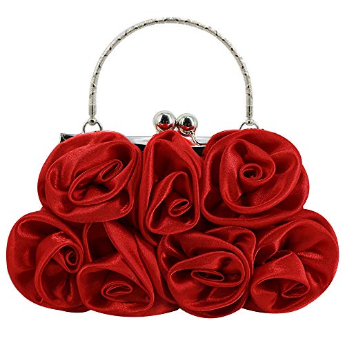 MEGAUK Damen Elegante Handtasche Blumen Clutch Seide Abendtasche Henkeltasche Crossbody Bag mit Kette Kisslock Design (Rot) von MEGAUK