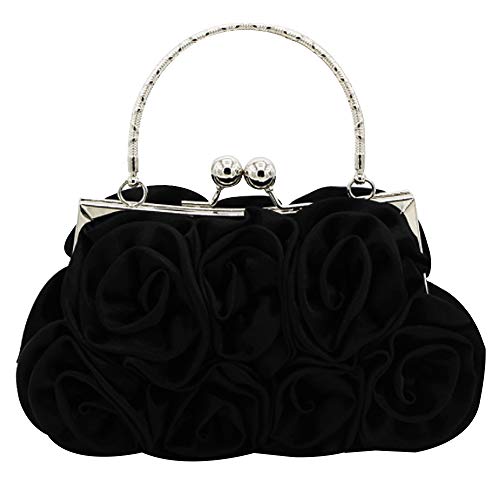 MEGAUK Damen Elegante Handtasche Blumen Clutch Seide Abendtasche Henkeltasche Crossbody Bag mit Kette Kisslock Design (Schwarz) von MEGAUK