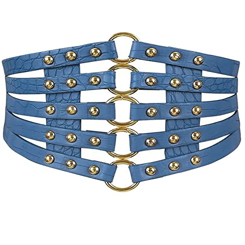 MEGAUK Damen Leder Gürtel Breit Nieten Elastischer Taillen Vintage Hüftgürtel Bindegürtel Lolita Korsett Mit Ring Schnalle Design (Blau) von MEGAUK