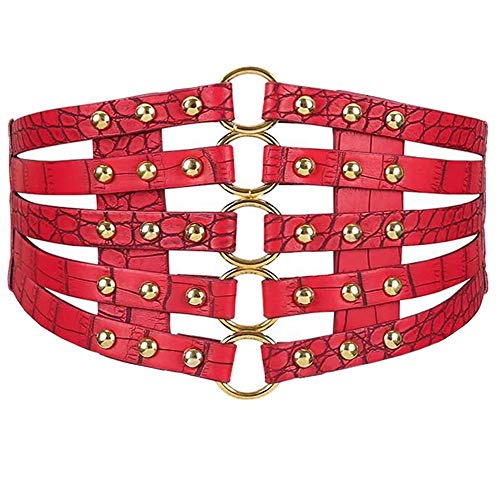 MEGAUK Damen Leder Gürtel Breit Nieten Gürtel Elastischer Taillen Gürtel Vintage Nietengürtel Hüftgürtel Bindegürtel Lolita Korsett mit Ring Schnalle Design (Rot) von MEGAUK