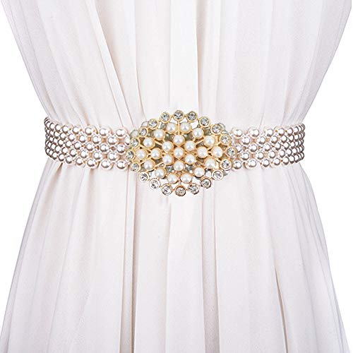 Mega Damen Perlen Gürtel Schnalle Elastischer Gürtel Brautgürtel Braut Strass Hochzeit Sash Taillengürtel Hüftgurt für Kleid (Weiß 13) von MEGAUK