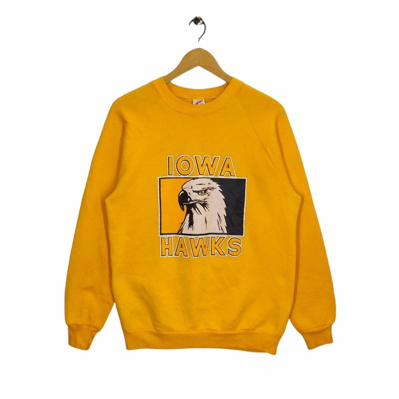 80Er 90Er Jahre Iowa Hawks Raglan Sweatshirt Medium Vintage Jerzees Football Team Sweater Pullover Rundhalsausschnitt Gelb Size M von MegaEmpire