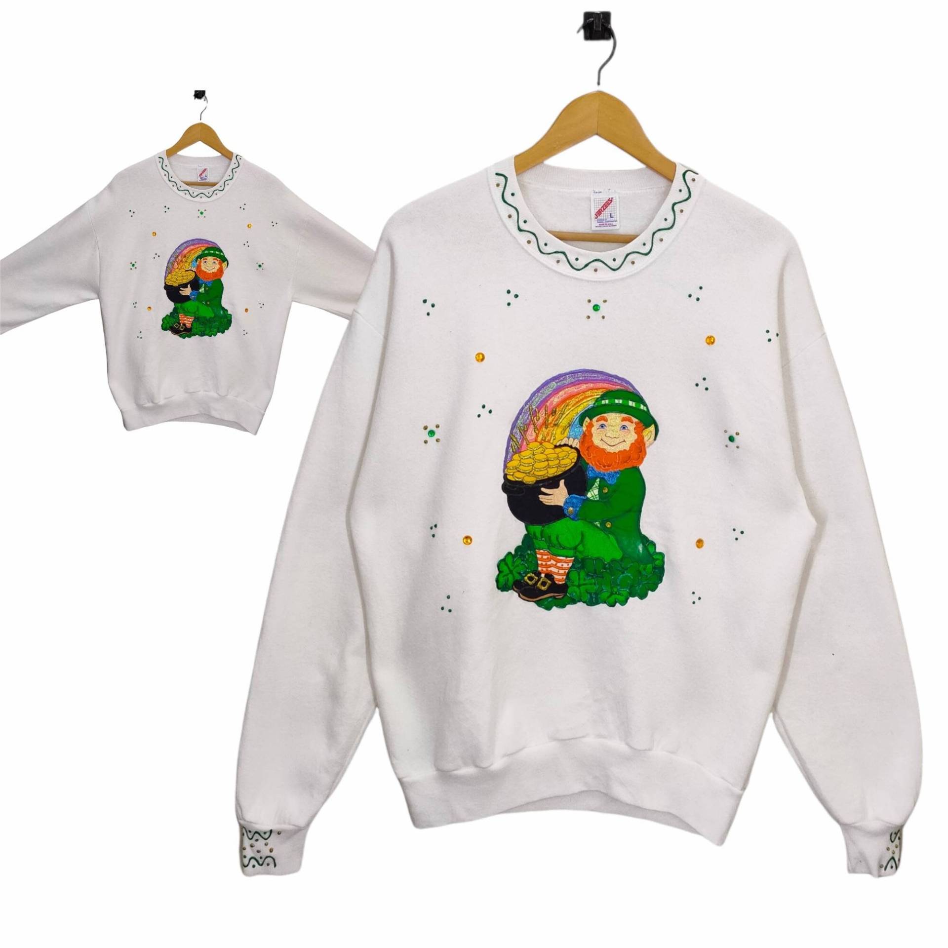 80Er Jahre Kobold Crewneck Sweatshirt Großes Vintage Jerzees Pot Of Gold At The End Of The Rainbow Sweater Pullover Weiß Damen Größe L von MegaEmpire