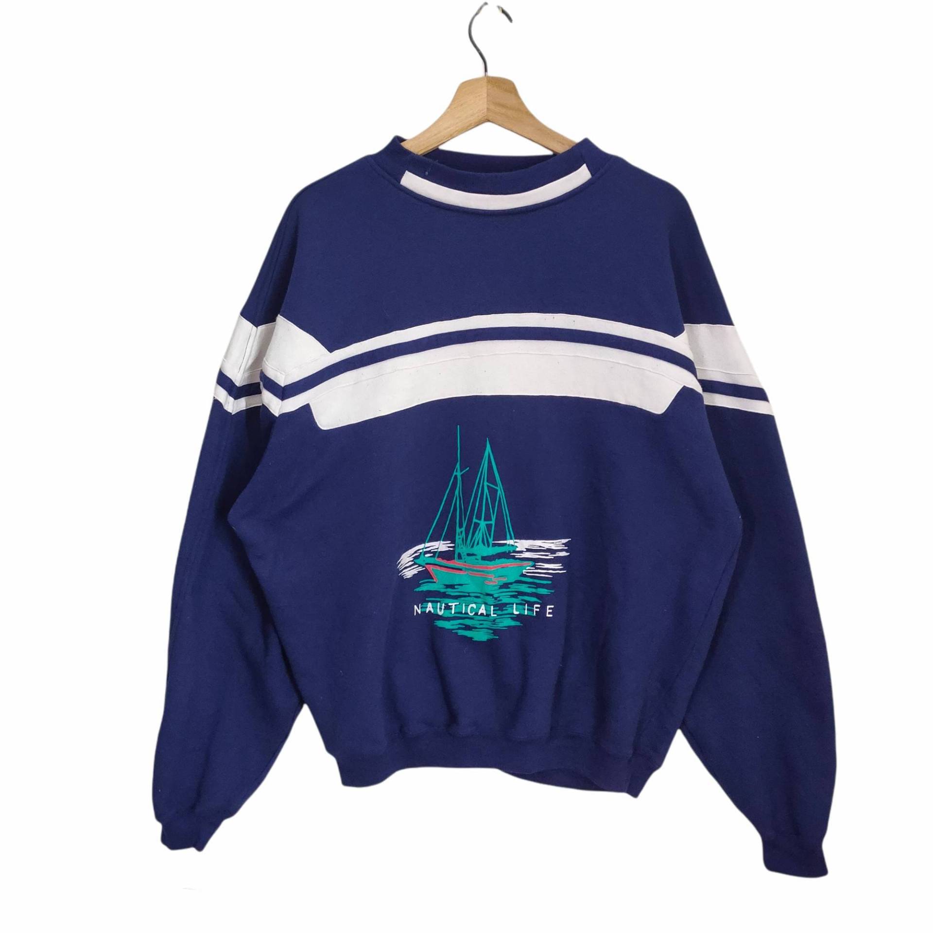 90Er Jahre Nautical Life Sweater Vintage Steinbock Segel-Sweatshirt Pullover Crewneck Marineblau Damen Größe Xl von MegaEmpire