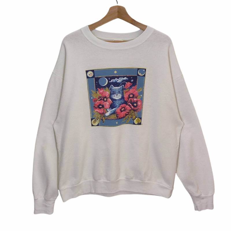 90Er Jahre Katzen Rundhals Sweatshirt Groß Vintage Delta Fifty Pullover Tier Graphik Made in Usa Weiß Unisex Größe L von MegaEmpire