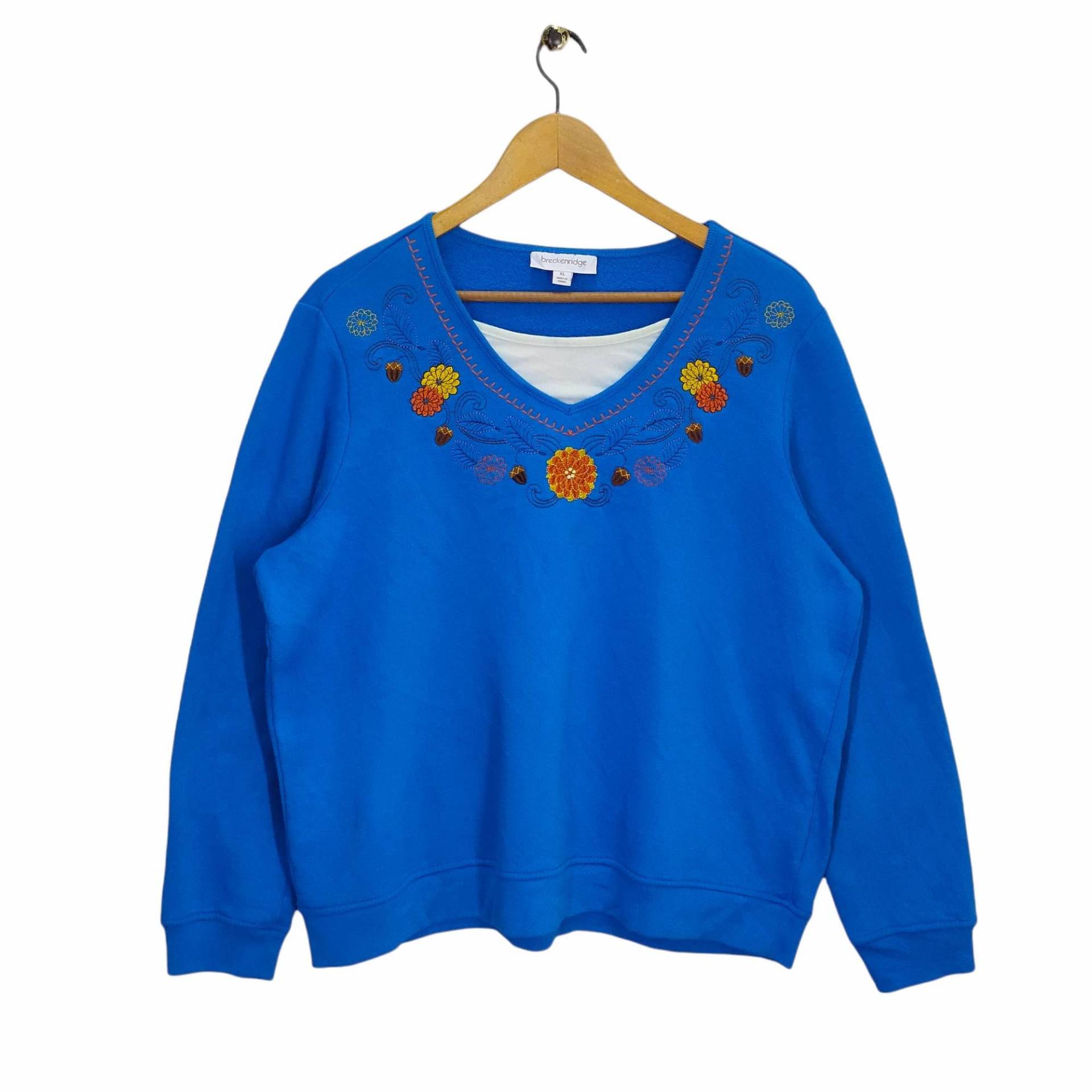 90Er Jahre Stickerei Blumen Sweatshirt Vintage Pullover Rundhals Blau Damen Größe Xl von MegaEmpire