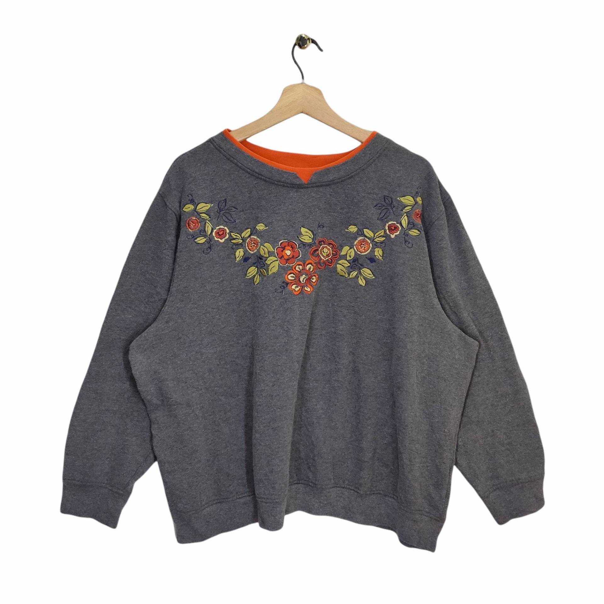 90Er Jahre Stickerei Blumen Sweatshirt Vintage Shenanigans Floral Pullover Rundhalsausschnitt Grau Damen Größe 2xl von MegaEmpire