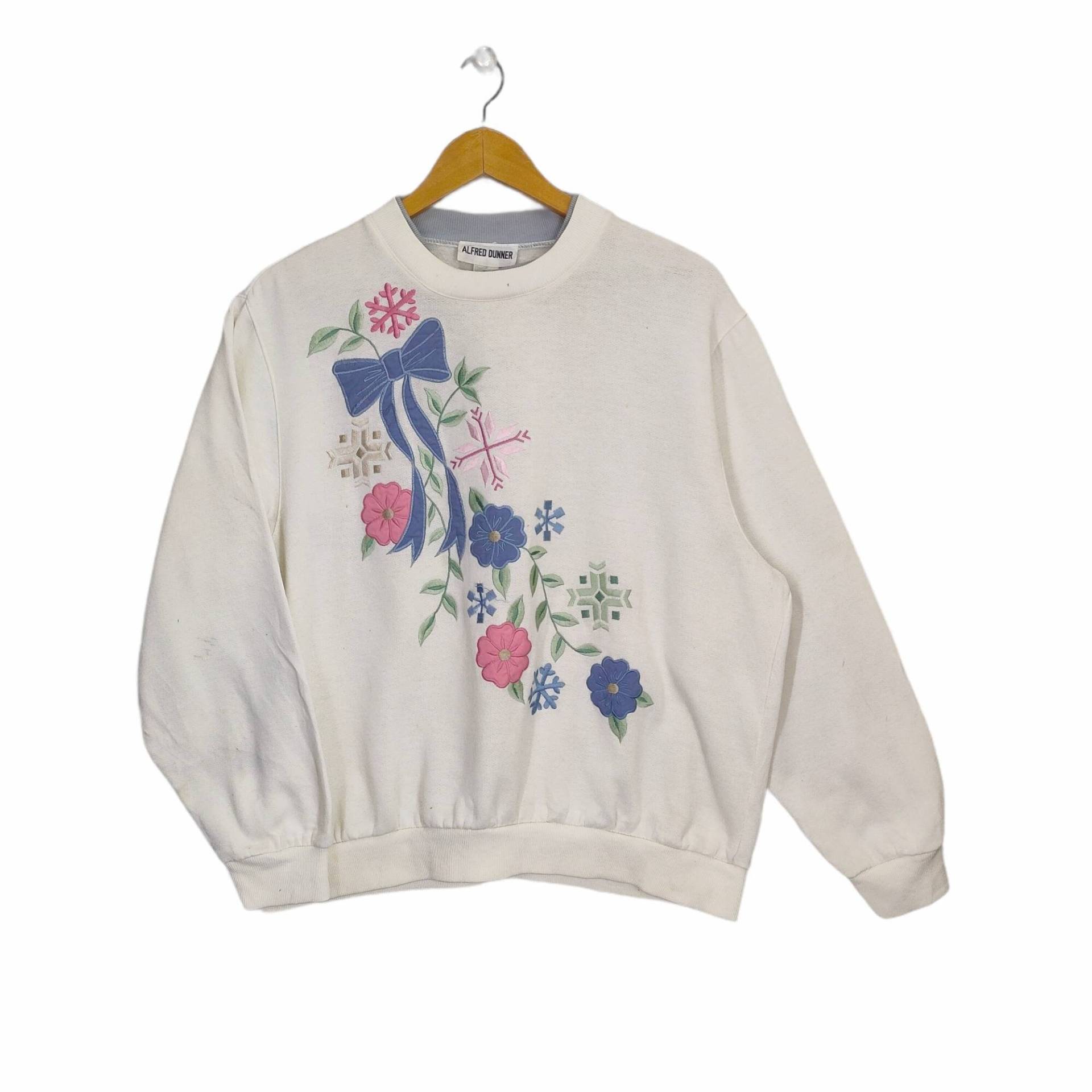 90Er Jahre Embroidery Flower Sweatshirt X-Large Vintage Alfred Dunner Sweater Pullover Crewneck Cream Damen Gr. Xl von MegaEmpire