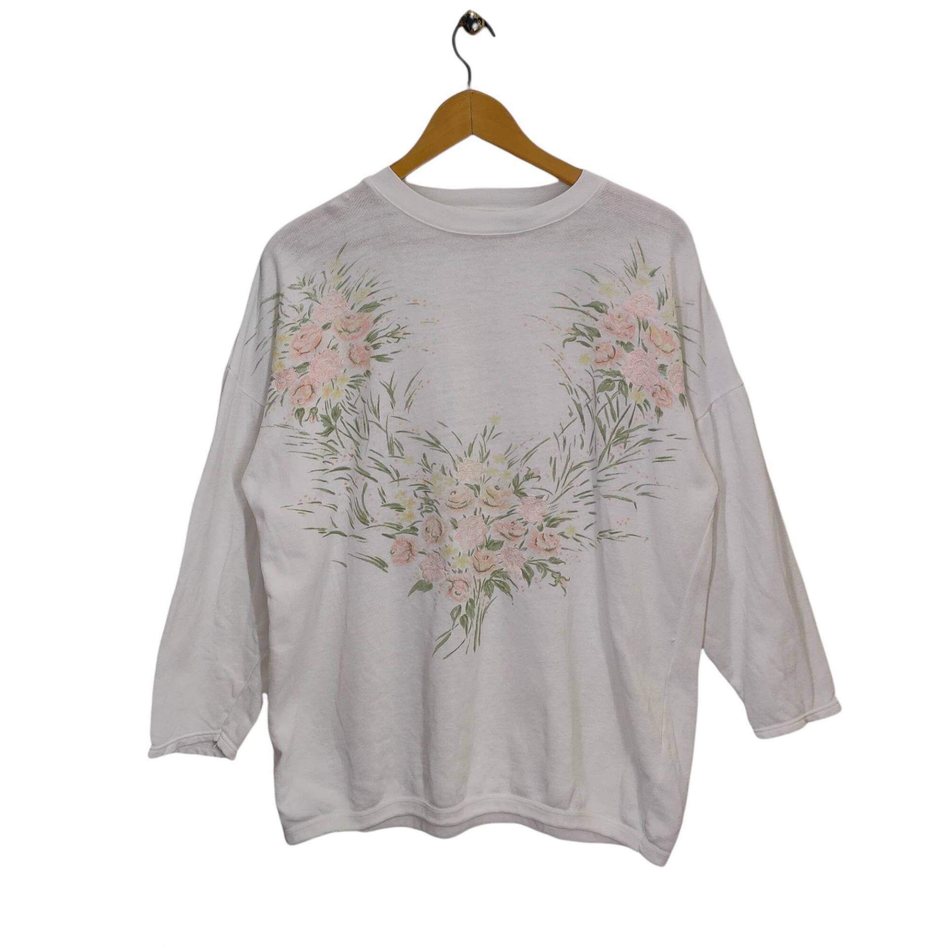 Drop Schulter Blumen Sweatshirt, Suzanne Bad Pullover, Vintage 90Er Jahre Rundhals, Stickerei Blume, Viertel Ärmel, Damen Größe M von MegaEmpire