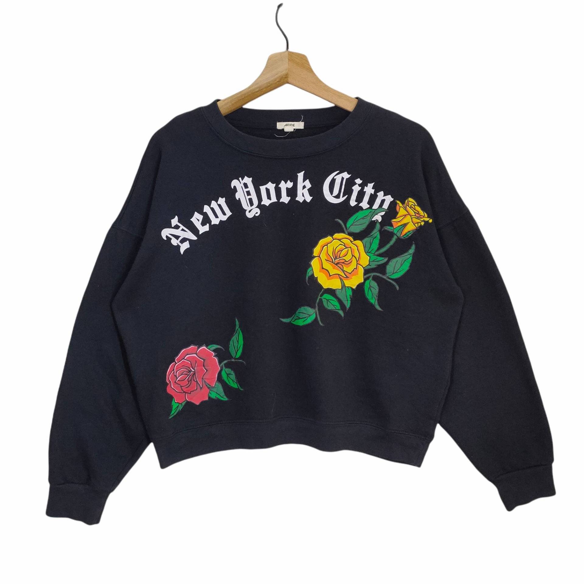 Floral Bedrucktes Crop Sweatshirt Vintage Stil Große Rose New York City Pullover Rundhals Schwarz Damen Größe L von MegaEmpire