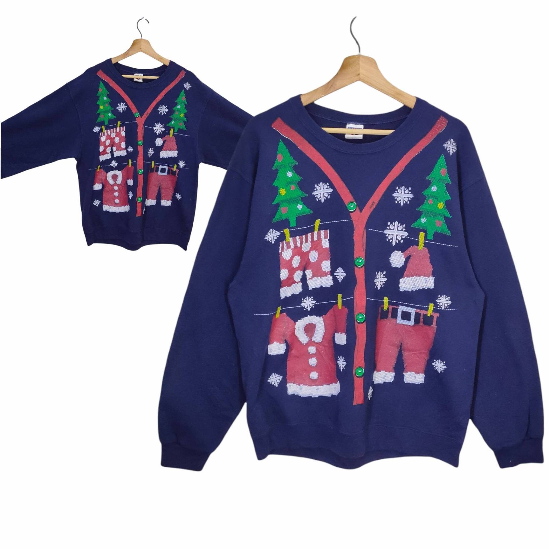 Jerzees Weihnachten Sweatshirt Groß Vintage Weihnachtsmann Pullover Rundhals Blau Damen Größe L von MegaEmpire