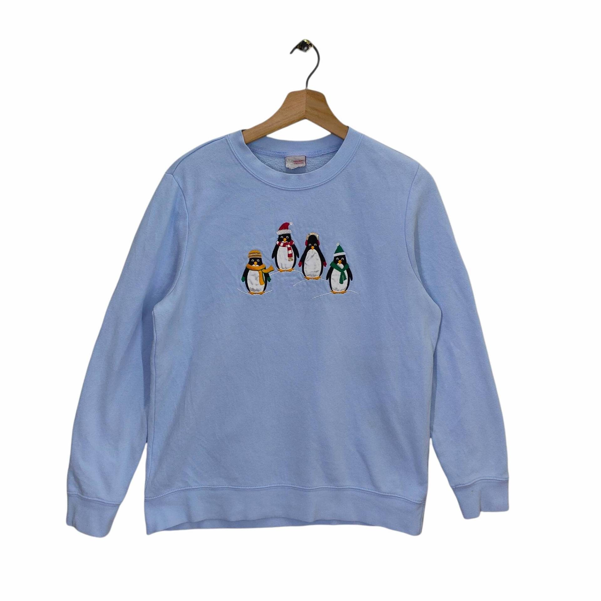Y2K Pinguin Sweatshirt , Let It Snow Winterpullover, Vintage Style Weihnachtsgeschenk Medium Crewneck Blaues Unisex Größe M von MegaEmpire