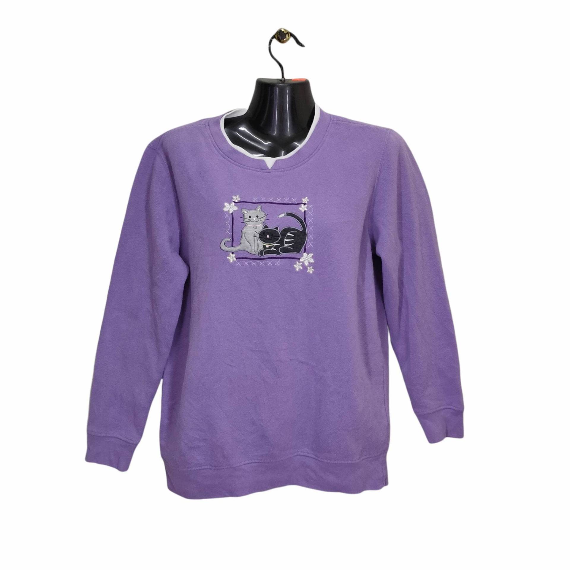 Y2K Süße Katze Crewneck Sweatshirt Kleine Vintage Hasting Smith Pullover Tier Grafik Lila Herren Größe S von MegaEmpire