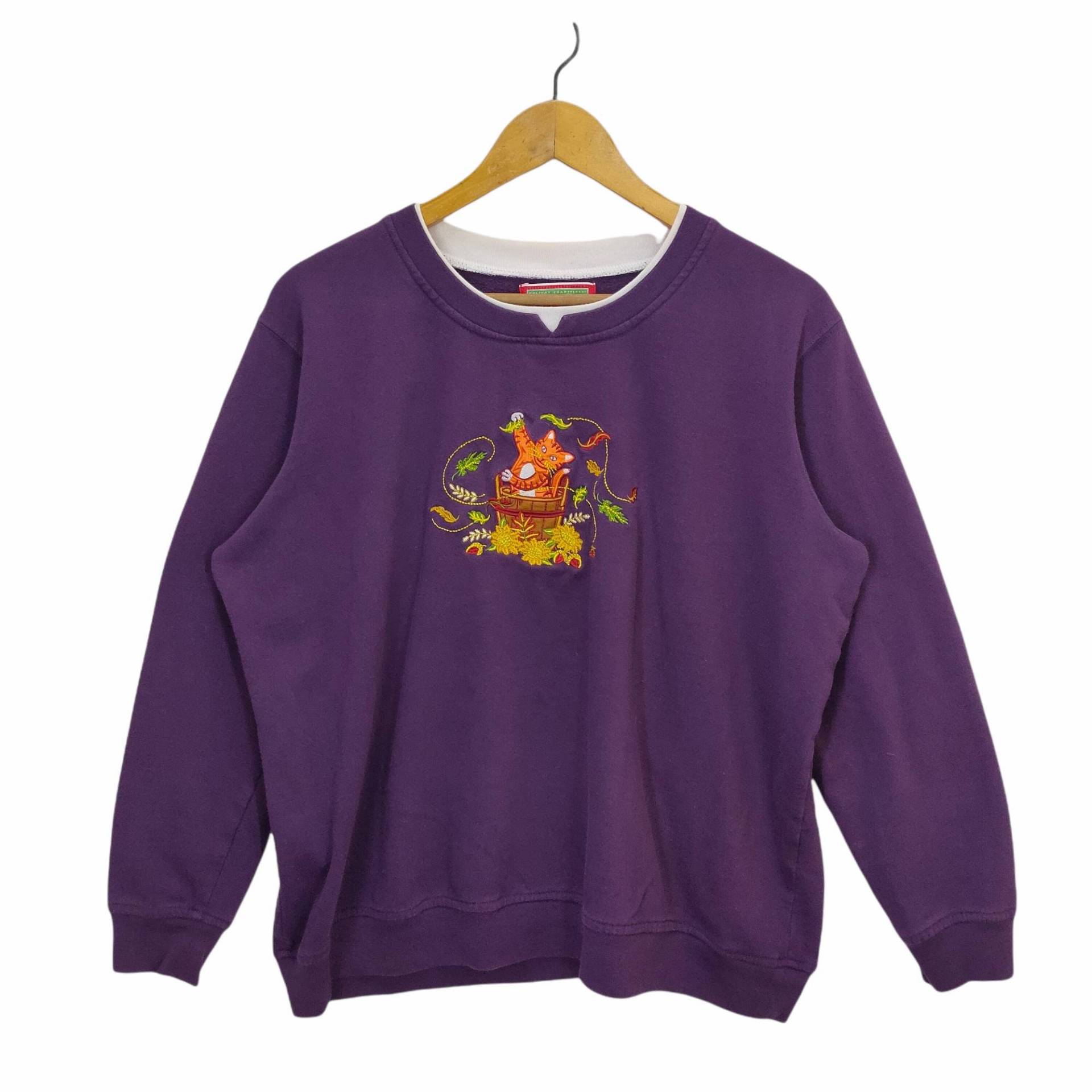 Y2K Süße Katze Rundhals-Sweatshirt Kleine Vintage Urlaub Traditionelle Pullover Tier Grafik Stickerei Lila Damen Größe Xl von MegaEmpire