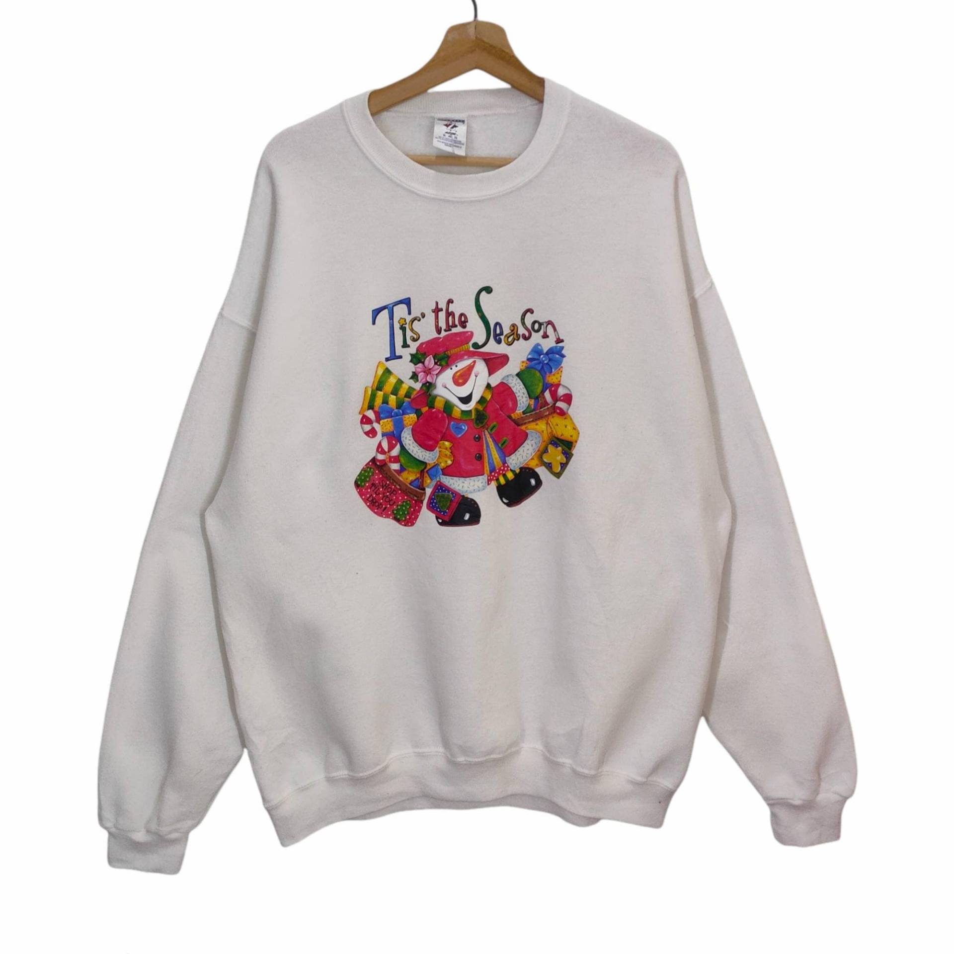 Y2K Tis The Season To Shop Schneemann Rundhals Sweatshirt Vintage Jerzees Pullover Grafik Baggy Weiß Damen Größe Xl von MegaEmpire